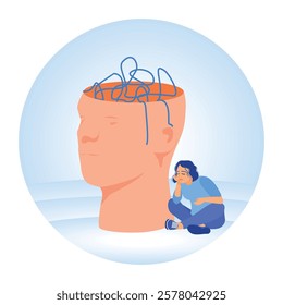 Inner emotional struggle. A man with a tangled mind and emotional stress. Mental Health concept. Flat vector illustration.