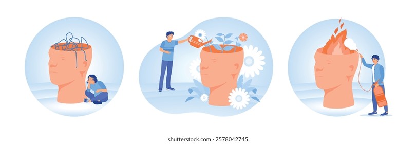 Inner emotional struggle. Mental health, development, and self-care. Stress management.  Mental Health concept. Set flat vector illustration.