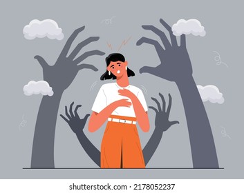Inner fears concept. Frightened woman stands at background of large shadows of hands. Psychology and mental health. Fears and phobias. Paranoia and schizophrenia. Cartoon flat vector illustration