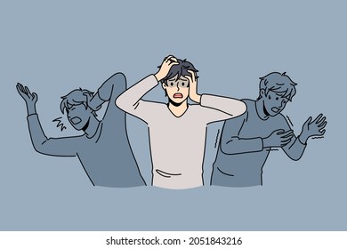 Inner fears and panic concept. Young stressed frustrated man feeling chocked with afraid shadows around vector illustration 