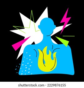 Inner fire and inspiration - colorful flat design style illustration with linear elements. Colored composition with silhouette of man with flame inside his heart. Creativity and imagination idea