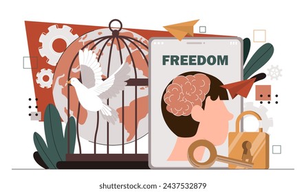 Inner freedom concept. Woman with brain in head. Dove leave cage. Mental health and psychology. Awareness and minfulness. Cartoon flat vector illustration isolated on white background