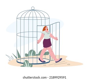 Descubrimiento de la libertad interior. Deja de limitar la vida y los oprimidos, sintiéndote libre. Escapada de la prisión de una mujer de una jaula, concepto de vector kicky de salud mental