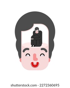 Inner grief. Joy and longing inside. Sad man in the head with a cheerful face. The concept of inner grief and disappointment