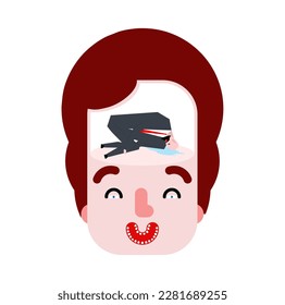 Inner grief. Joy and longing inside. Sad man in the head with a cheerful face. The concept of inner grief and disappointment