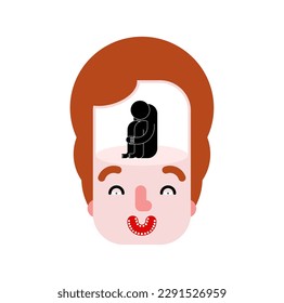 Inner grief. Joy and longing inside. Sad man in the head with a cheerful face. The concept of inner grief and disappointment