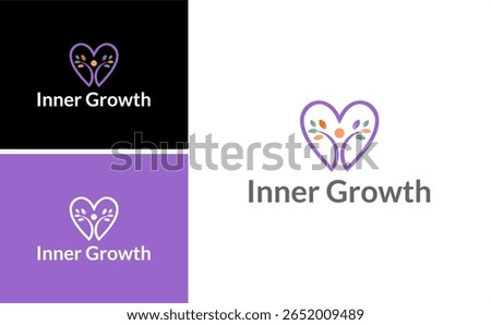 inner growth theraphy logo with hearth icon and human leaf vector design template for mental consulting