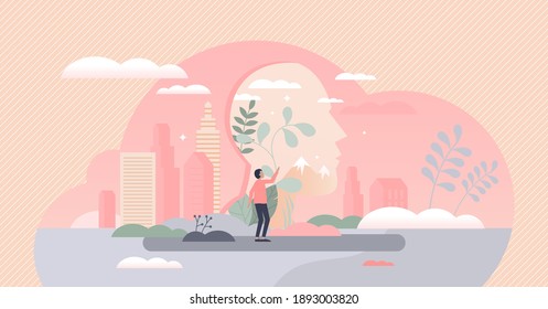 Inner kid feeling as hidden personality part and childhood experiences reflection tiny person concept. Mental ego with playful and dreamer individuality characteristics head layer vector illustration.