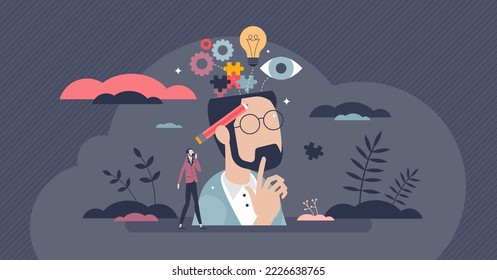 Inner mental intelligence with logic idea thinking tiny person concept. Open minded male with skill and ability to think innovative thoughts vector illustration. Education and knowledge visualization.