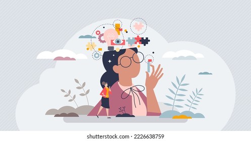 Inner mental intelligence and logic process visualization tiny person concept. Mind thinking and creative thoughts awareness vector illustration. Intellectual brain skills for human ability to think.