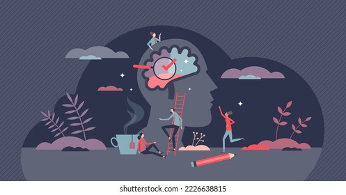 Inner mental intelligence with thinking process teamwork tiny person concept. Psychological cognition and memory skills research vector illustration. Logic knowledge and clever brain ability to think.