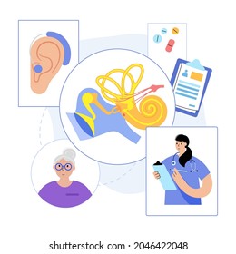 Inner and middle ear diagram. Ent medical center. Hearing aid technology. Otolaryngologist in otolaryngology clinic. Deafness examination and treatment. Checkup of human body flat vector illustration.