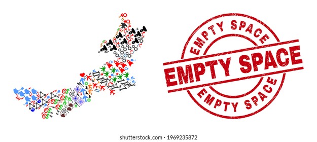 Inner Mongolia map collage and distress Empty Space red round seal. Empty Space seal uses vector lines and arcs. Inner Mongolia map collage includes gears, houses, lamps, bugs, men,