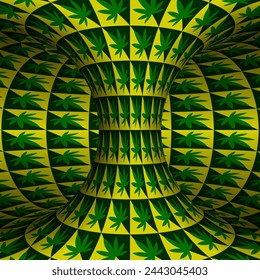 Inner part of torus with green yellow leaf pattern. It seems that the torus is spinning. Optical illusion illustration.