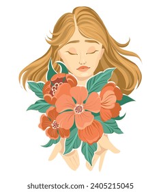 Inner peace concept, female holding flowers vector