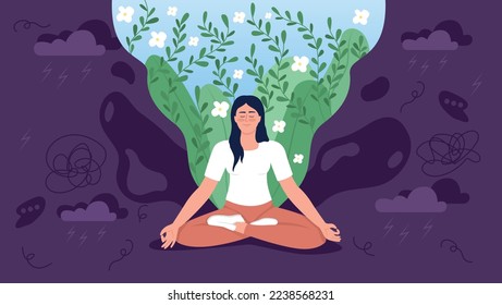 Inner peace flat concept vector illustration. Woman in lotus position. Editable 2D cartoon characters on violet for web design. Meditated female creative idea for website, mobile, presentation