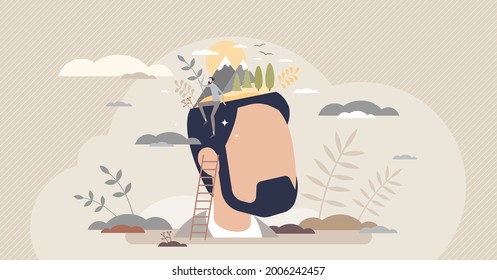 Inner peace, harmony and mental wellness in yourself head tiny person concept. Serene mind with emotional wellbeing and thoughts awareness vector illustration. Body control and stress reduction method