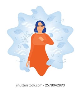 Inner peace, mindfulness, and calm. A woman with her eyes closed, breathes deeply. Mental Health concept. Flat vector illustration.