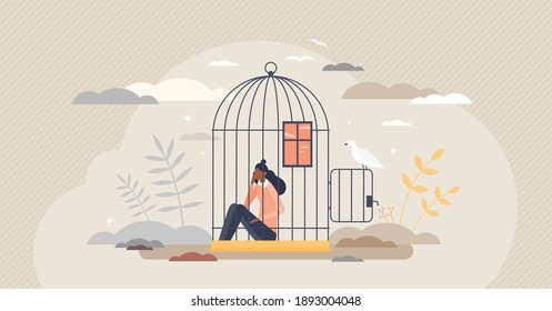 Inner prison as mental state with thought stuck and block tiny person concept. Psychological mindset as feeling like trapped in birdcage vector illustration. Helpless problem and despair situation.