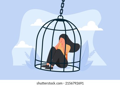 Inner prison as mental state with thought stuck and block tiny person concept. Psychological mindset as feeling like trapped in birdcage vector illustration. Helpless problem and despair situation.