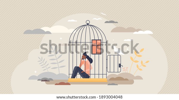 Inner prison as mental state with thought\
stuck and block tiny person concept. Psychological mindset as\
feeling like trapped in birdcage vector illustration. Helpless\
problem and despair\
situation.