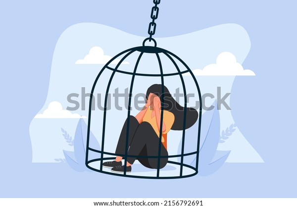 Inner prison as mental state with thought\
stuck and block tiny person concept. Psychological mindset as\
feeling like trapped in birdcage vector illustration. Helpless\
problem and despair\
situation.