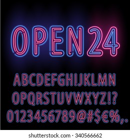 Inner Red, Outer Blue Neon Light font. Alphabet from double-stroke neon lamp letters.  Vector illustration.