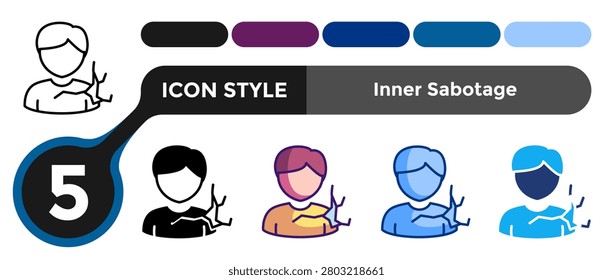 Inner Sabotage icon for representing self destructive systems, internal resistance, and behavior blocking patterns. Line, Filled, Color style.