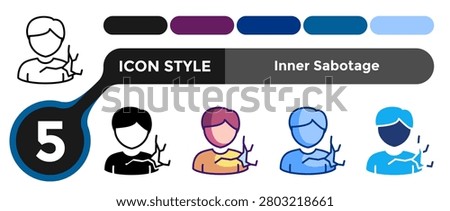 Inner Sabotage icon for representing self destructive systems, internal resistance, and behavior blocking patterns. Line, Filled, Color style.