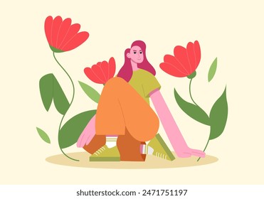 Inner Self and Mindfulness Concept. Happy Woman Sits in the Flowers. Love Yourself and a Healthy Lifestyle. Vector Illustration.