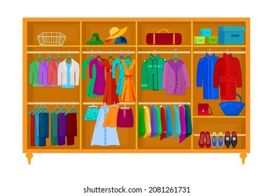 Inner space of closet or wardrobe isolated on white background. Clothes hanging on hanger. Closet with dress, hangers, shoes, hats and boxes. Clothing organization or storage.Stock vector illustration