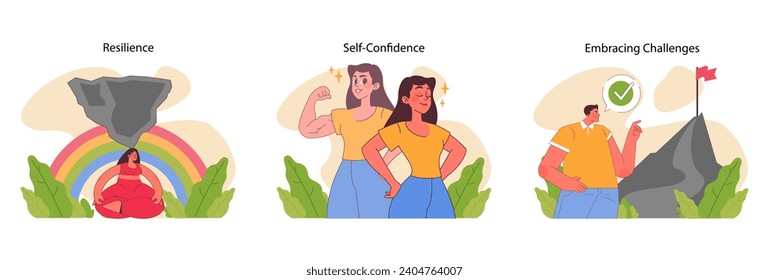Inner strength set. Man and women feeling capable. Showcasing resilience, self-confidence and challenge acceptance. Celebrating inner power and goal achievement. Flat vector illustration