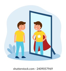 Inner superhero. Boy seeing himself as super hero looking at mirror reflection.