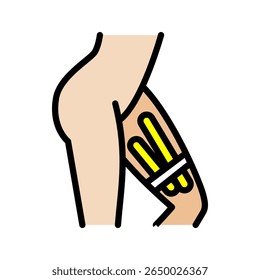 Inner thigh kinesio tape strips color icon. Joints and ligaments support. Elastic therapeutic tape. Muscles swelling and pain reduction. Isolated symbol illustration.