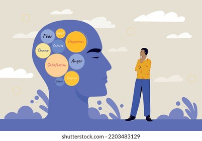 Inner voice concept. Man looks at abstract silhouette of head with speech bubbles. Mindfulness and introspection, logical thinking. Assessment and thought processes. Cartoon flat vector illustration