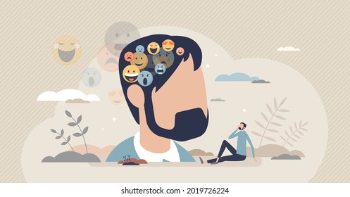 Inner voice as different emotion and feeling reflections tiny person concept. Internal voice arguing with various opinions as mental frustration and psychological thoughts problems vector illustration