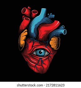 Inner Wisdom, Sacred All Seeing Heart. Vector Illustration In Engraving Technique Of Anatomical Human Heart With Eye In It. 