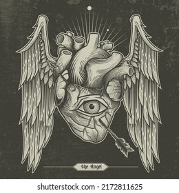 Inner wisdom, sacred all seeing heart. Vector illustration in engraving technique of anatomical winged human heart pierced with arrow and eye in it. 