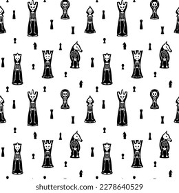The inner world of chess pieces. Chess skeletons. Seamless vector pattern on a transparent background.
