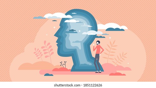 Inner world as male personal emotion and psychological state tiny person concept. Feeling inside man head as soul balance and mental mood vector illustration. Abstract being behavior style explanation