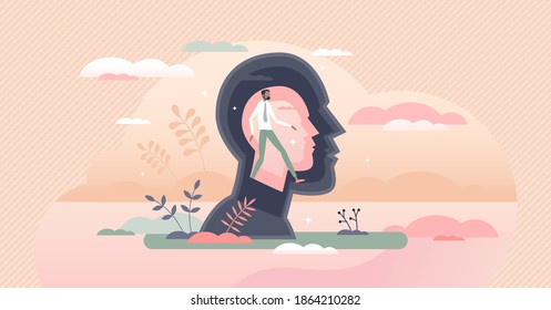 Inner world and psychological mental feeling research tiny person concept. Abstract being into head as internal thoughts and emotions cause vector illustration. Mind balance and brain cognition scene.