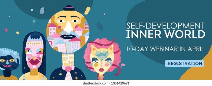 Inner world self-development online webinar registration webpage header with personality types characters symbols abstract vector illustration 
