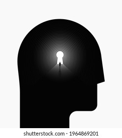 Inner world or inner space psychologic concept with black human head silhouette with human silhouette walking into the light at the end of the tunnel. Conceptual abstract vector illustration