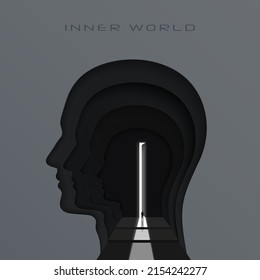 Inner world or inner space psychology concept. Black human head silhouette and human silhouette walking into the light in door. Abstract vector illustration