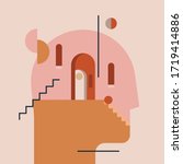 Inner world. Thinking process. Open mind. Humans head silhouette with modern minimal architecture and abstract geometric shapes inside. Psychologic psychotherapy concept. Vector illustration