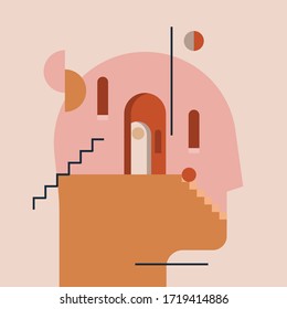 Inner world. Thinking process. Open mind. Humans head silhouette with modern minimal architecture and abstract geometric shapes inside. Psychologic psychotherapy concept. Vector illustration