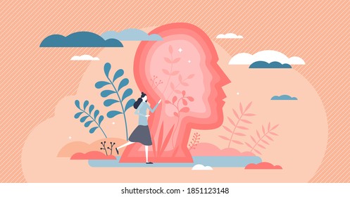 Inner world with woman personal emotions or psychological state tiny person concept. Feeling inside female head as soul balance and mental mood vector illustration. Abstract behavior style explanation