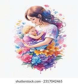 Innocence and Protection: Watercolor Artwork of a Mother Holding her Baby