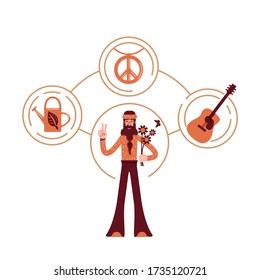 Innocent archetype flat concept vector illustration. Pacifist in vintage clothes 2D cartoon character for web design. Hippie with flowers and peace symbol. Idealist personality type creative idea