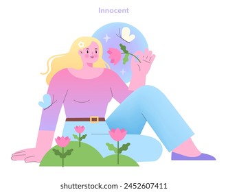 Innocent Archetype illustration. A serene woman amidst nature, embodying purity and optimism. Simplistic and tranquil vector design.